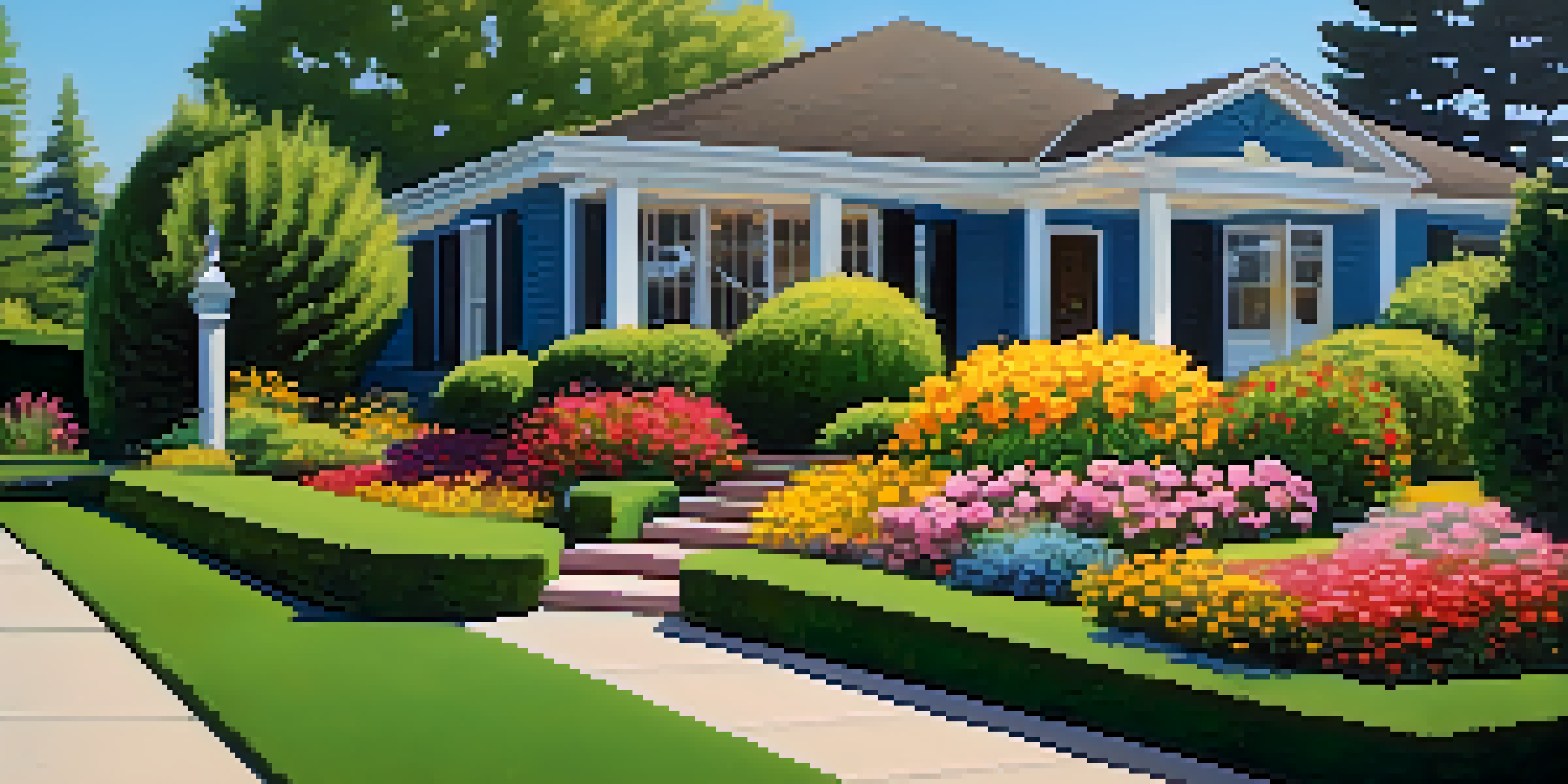 A bright and inviting front yard filled with colorful flowers, trimmed hedges, and a modern front door, all under a clear blue sky.