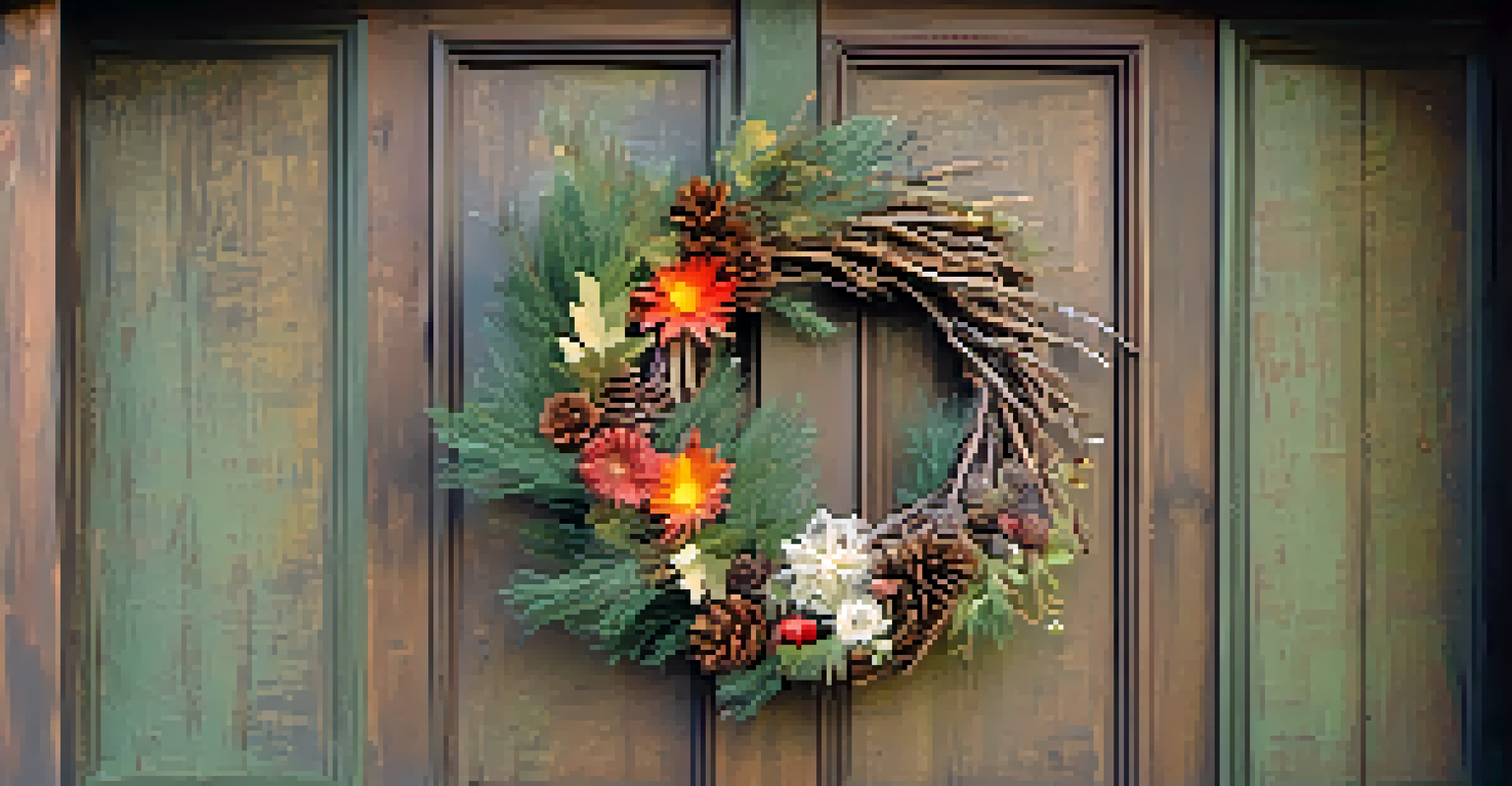 A vibrant wreath made of twigs and dried flowers hung on a wooden door, illuminated by natural sunlight.