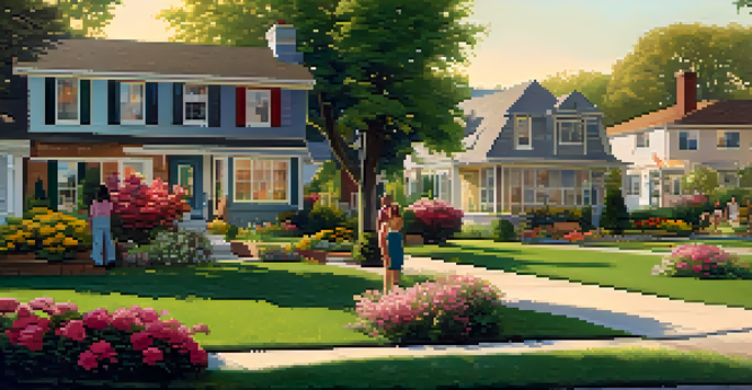 A lively suburban neighborhood with diverse homes and residents interacting in a friendly manner, illuminated by soft evening light.