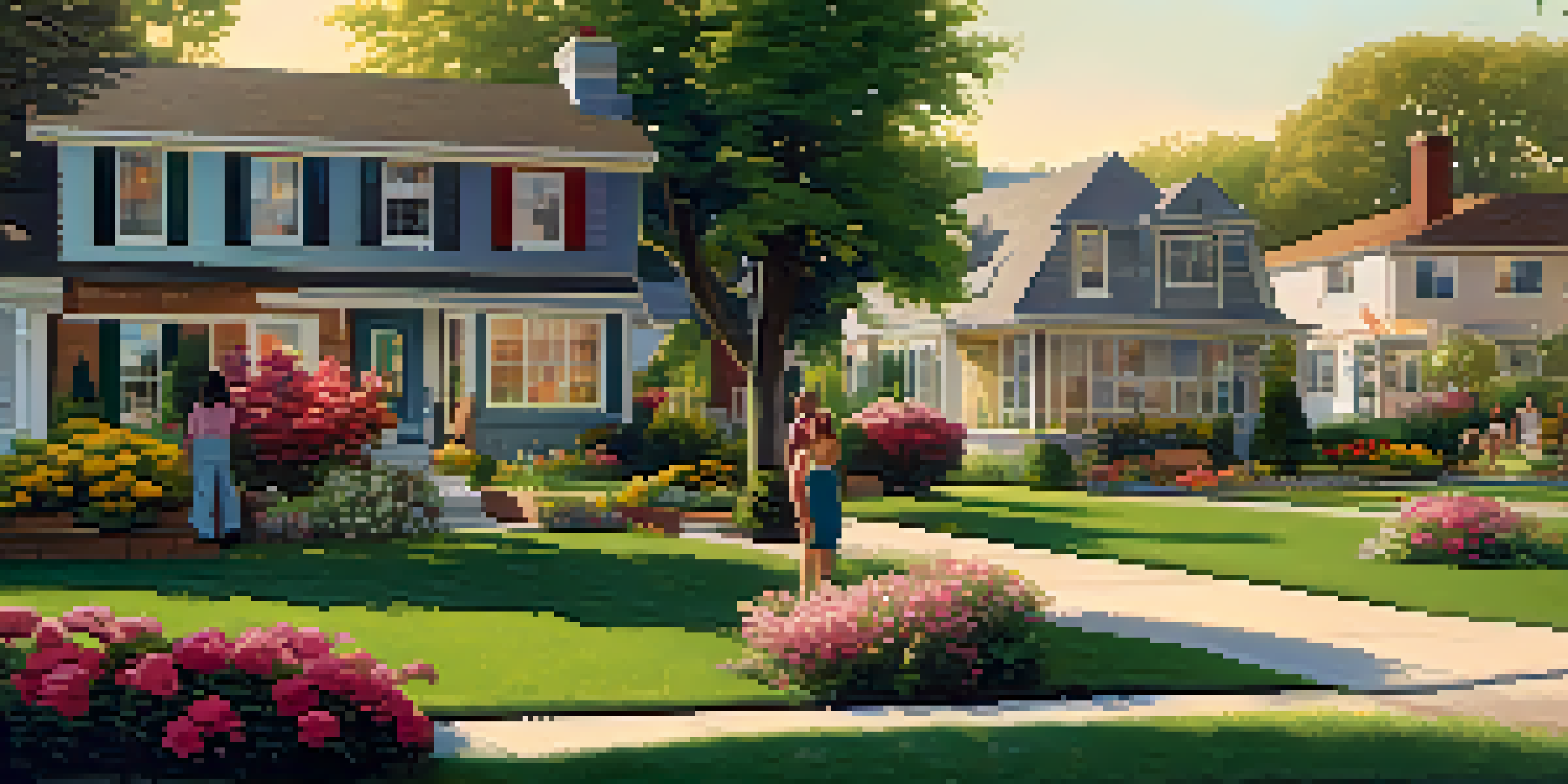 A lively suburban neighborhood with diverse homes and residents interacting in a friendly manner, illuminated by soft evening light.