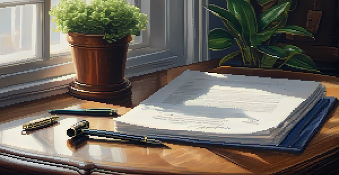 A detailed image of a signed contract on a wooden desk with a fountain pen and a potted plant.