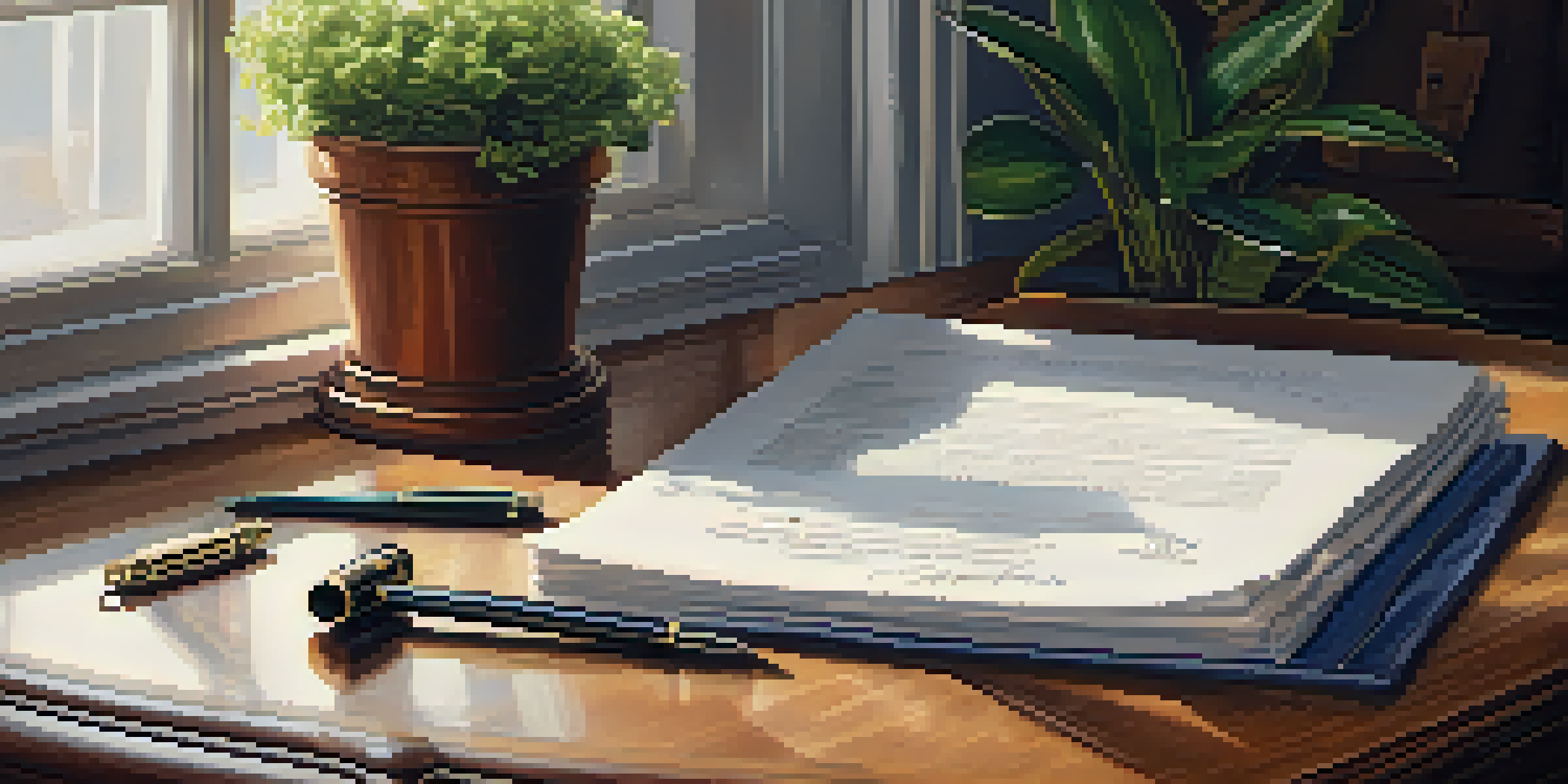 A detailed image of a signed contract on a wooden desk with a fountain pen and a potted plant.