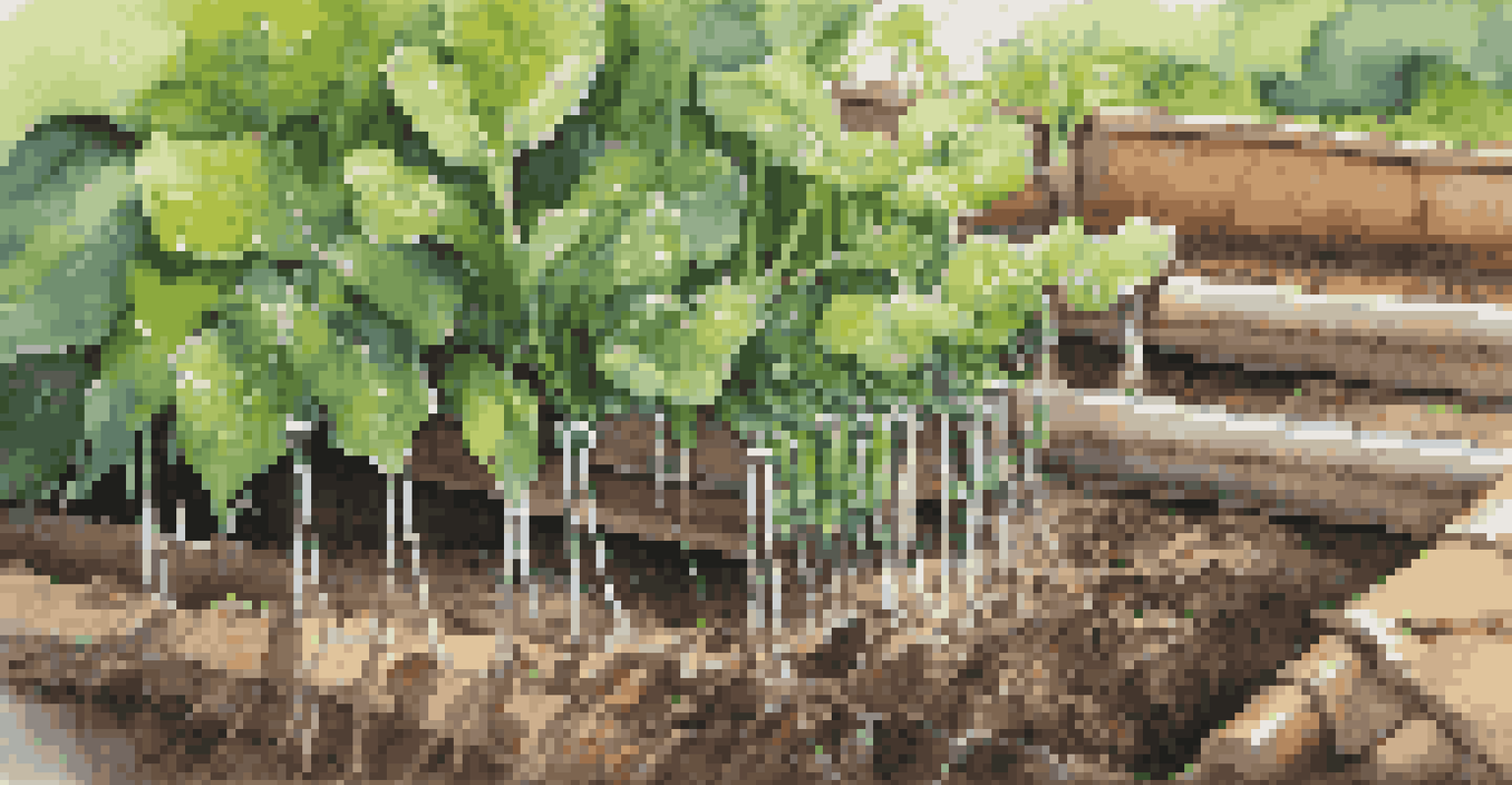 A close-up of a drip irrigation system watering vegetable plants, showcasing green leaves and water droplets.