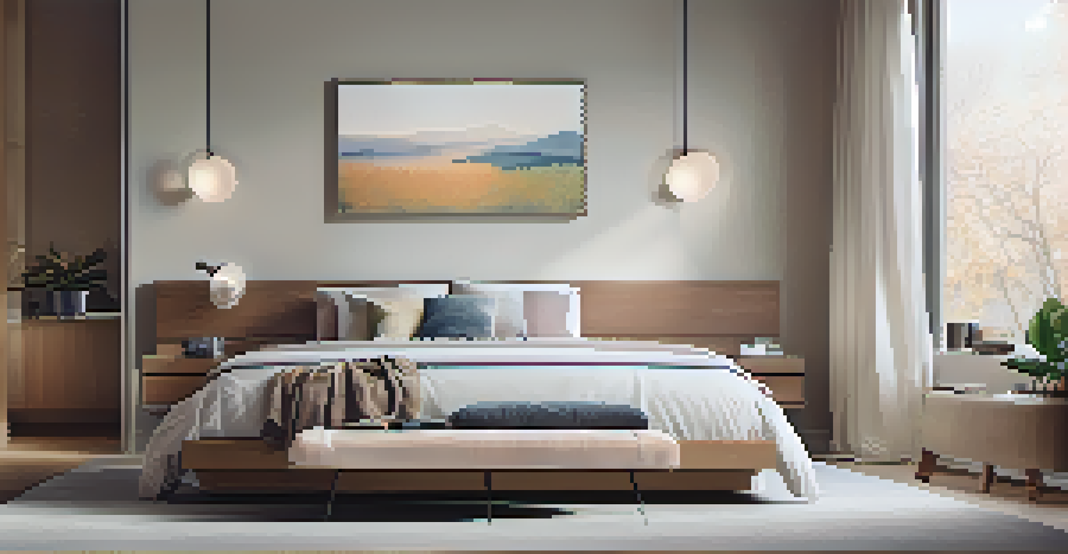 A tranquil bedroom with a smart bed that adjusts its firmness, designed with calming colors and soft textures, featuring a nightstand that wirelessly charges devices.