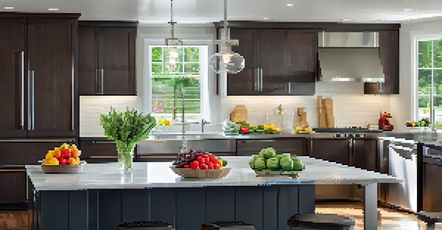 A modern kitchen with an island, fruits on the counter, and sunlight streaming in.