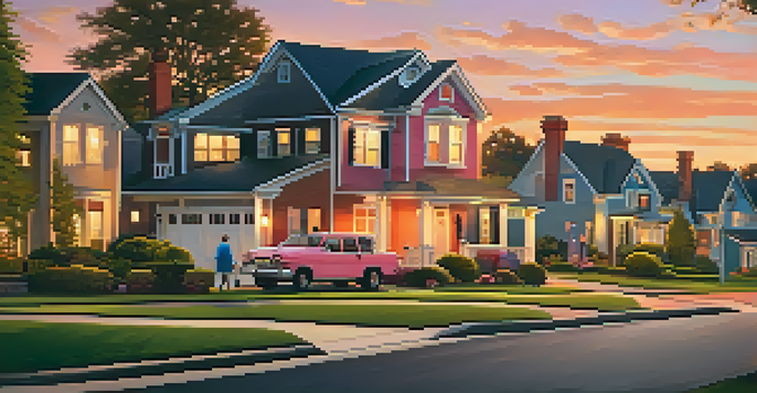 A peaceful suburban neighborhood at sunset with families and a 'For Sale' sign.