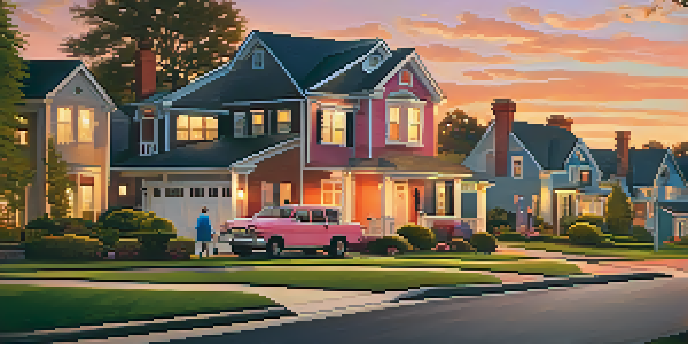 A peaceful suburban neighborhood at sunset with families and a 'For Sale' sign.