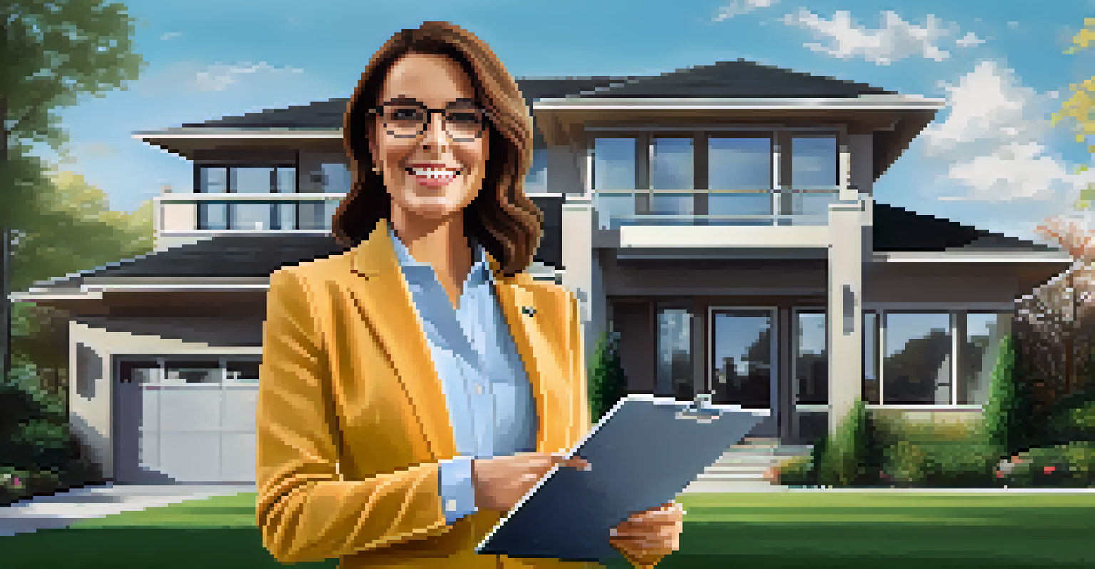A confident real estate agent in a suit standing in front of a modern house for sale, holding a clipboard.