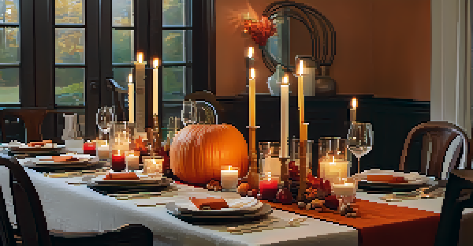 An autumn-themed dining table with a pumpkin centerpiece and warm decorations.