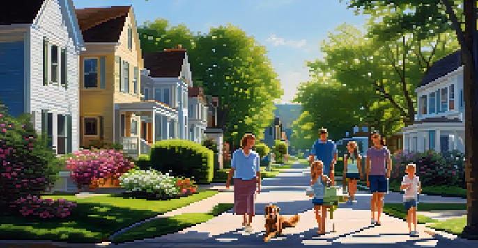 A lively neighborhood street with diverse homes, greenery, and a family walking their dog under the sunlight.