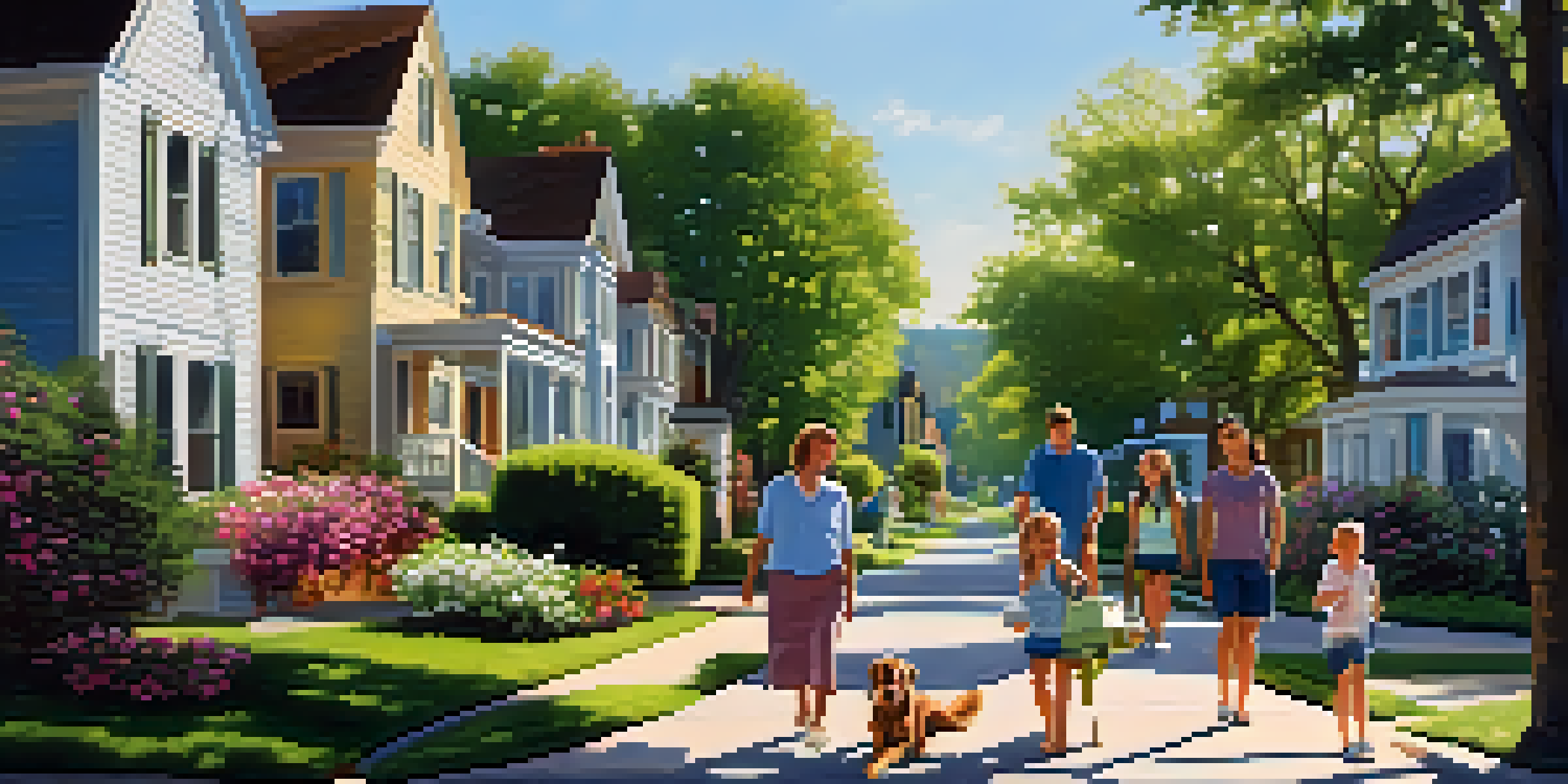 A lively neighborhood street with diverse homes, greenery, and a family walking their dog under the sunlight.