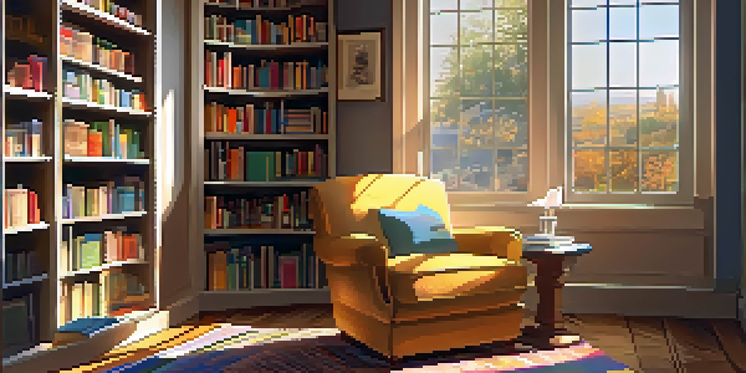 A comfortable reading nook with a plush armchair, bookshelves, a cup of tea, and warm sunlight.