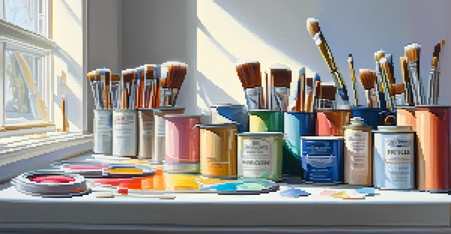 An assortment of colorful paint supplies on a white surface in front of a partially painted wall, illuminated by sunlight.