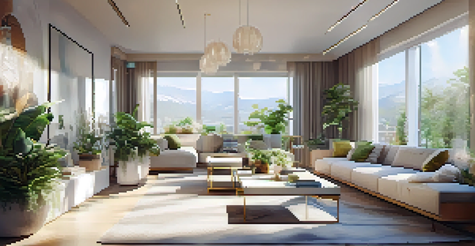 A modern living room with a virtual tour screen showcasing a luxurious apartment, bright sunlight, and contemporary decor.