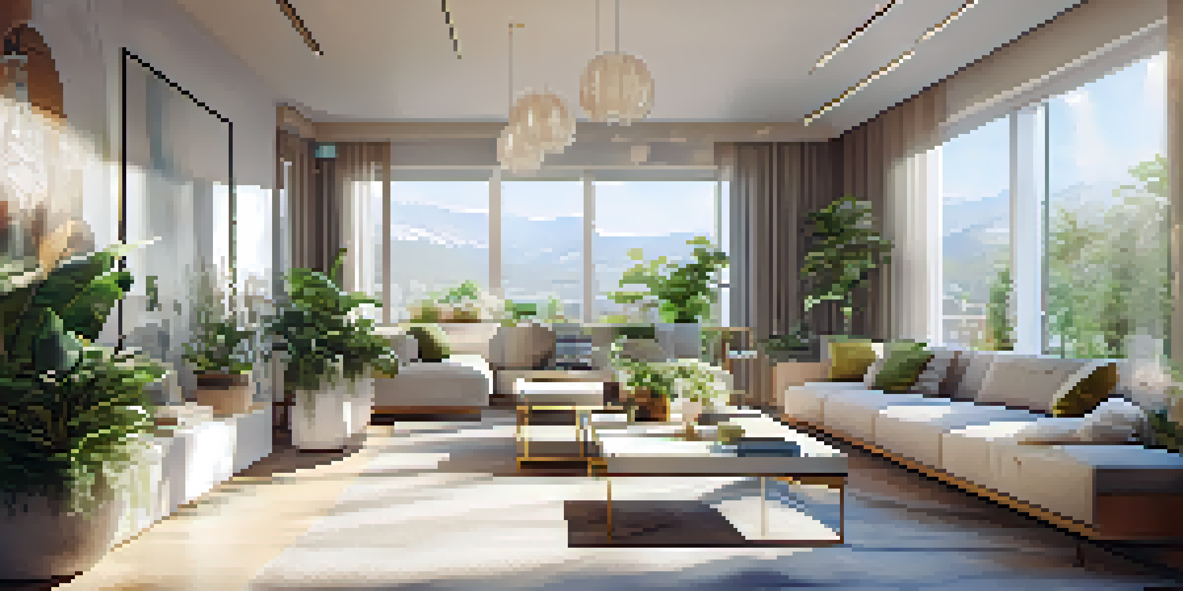 A modern living room with a virtual tour screen showcasing a luxurious apartment, bright sunlight, and contemporary decor.