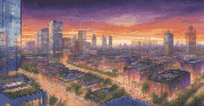 A city skyline at dusk featuring smart buildings, solar panels, and busy streets with electric vehicles.