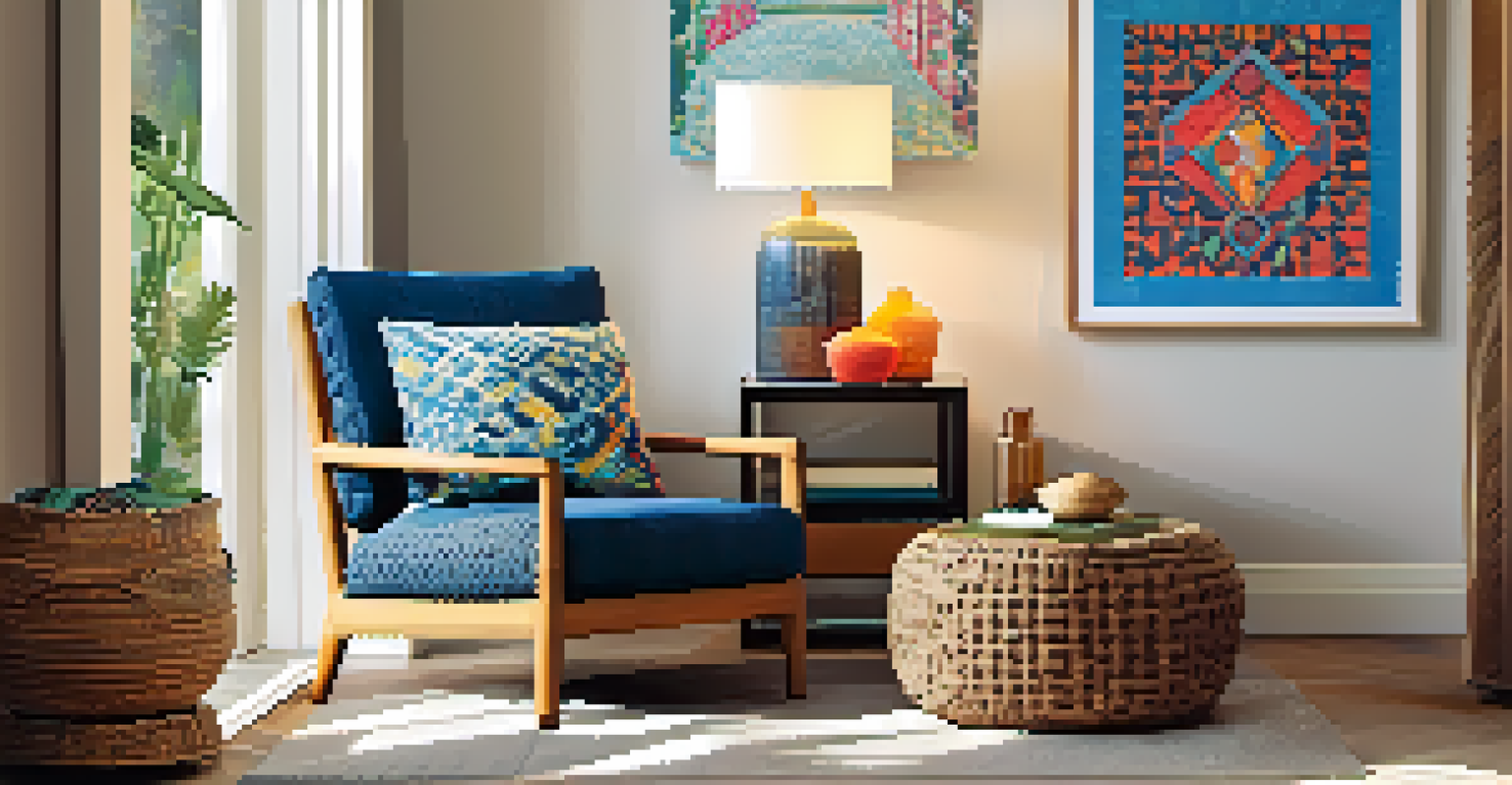 A stylish living room corner with a knitted throw, geometric and floral pillows on a wicker chair, and a side table with a book and candle.