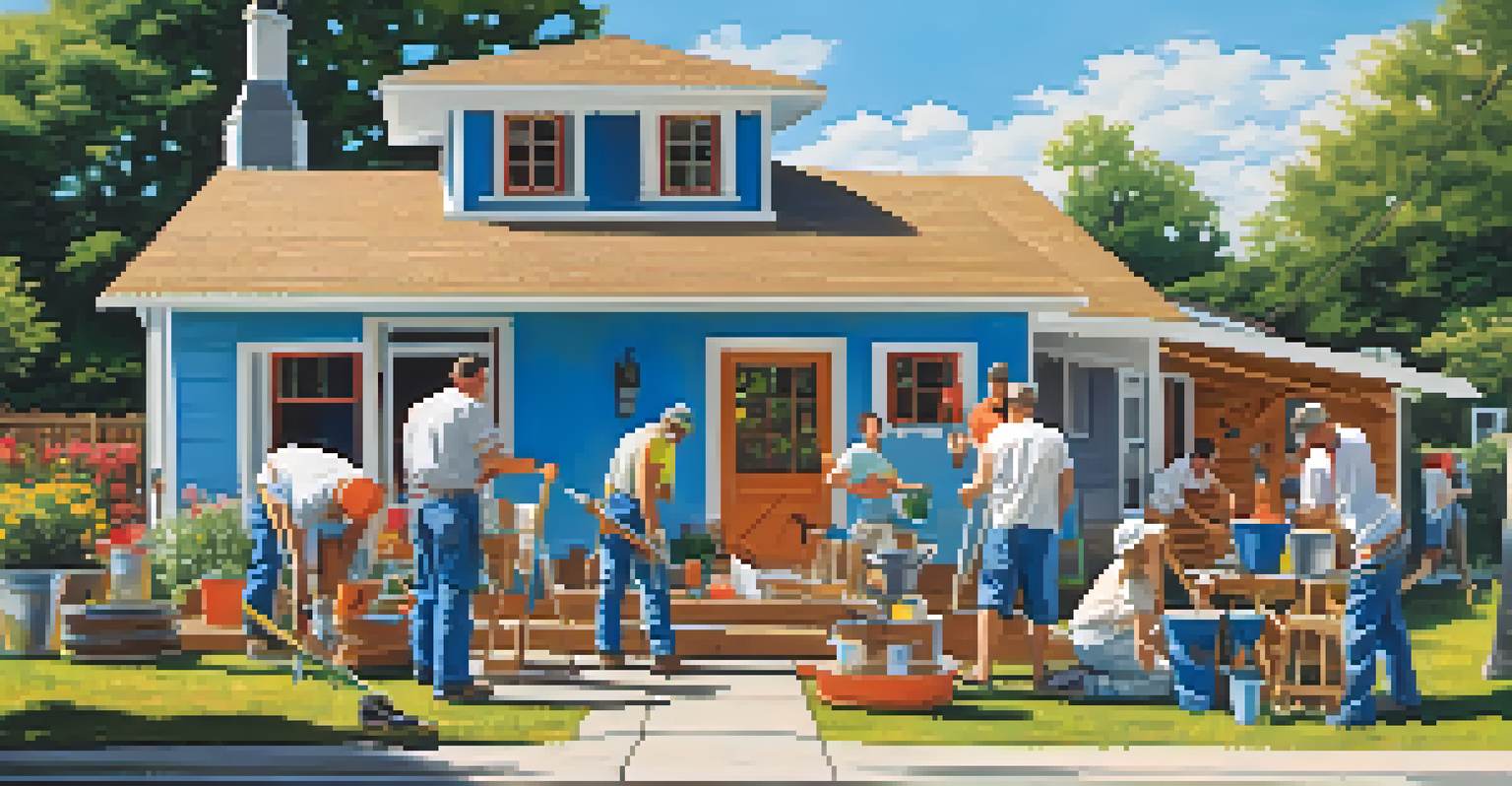Friends and family gathered outdoors, happily working together on a home renovation project, painting and carrying tools.
