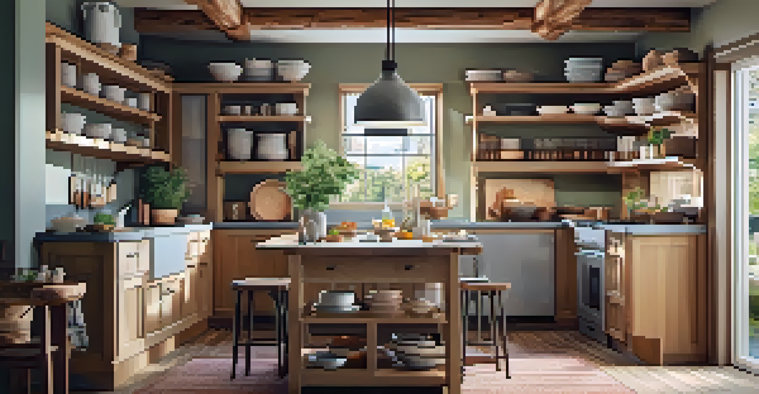A warm and inviting kitchen with a rustic dining nook, wooden cabinetry, open shelves, and soft pastel colors, illuminated by soft ambient lighting.