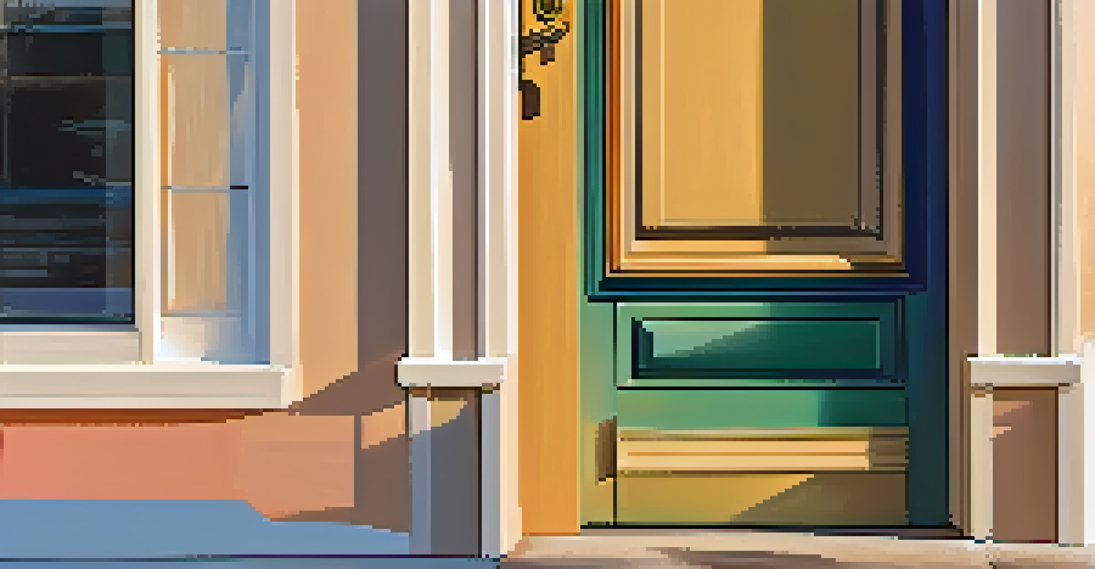 A colorful door with a new door sweep at the bottom, preventing drafts, in a bright entryway.