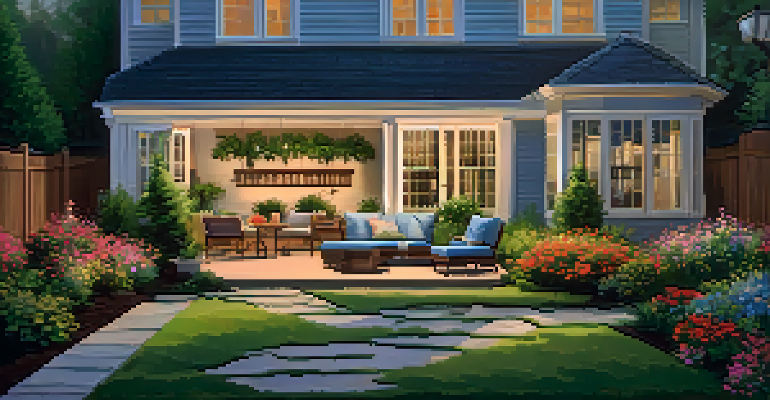 A serene backyard with a lush lawn, flower beds, and a patio area illuminated by string lights at sunset.