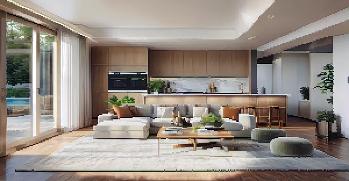 A bright open concept living area with a modern kitchen, dining space, and cozy living room, filled with natural light and warm colors.