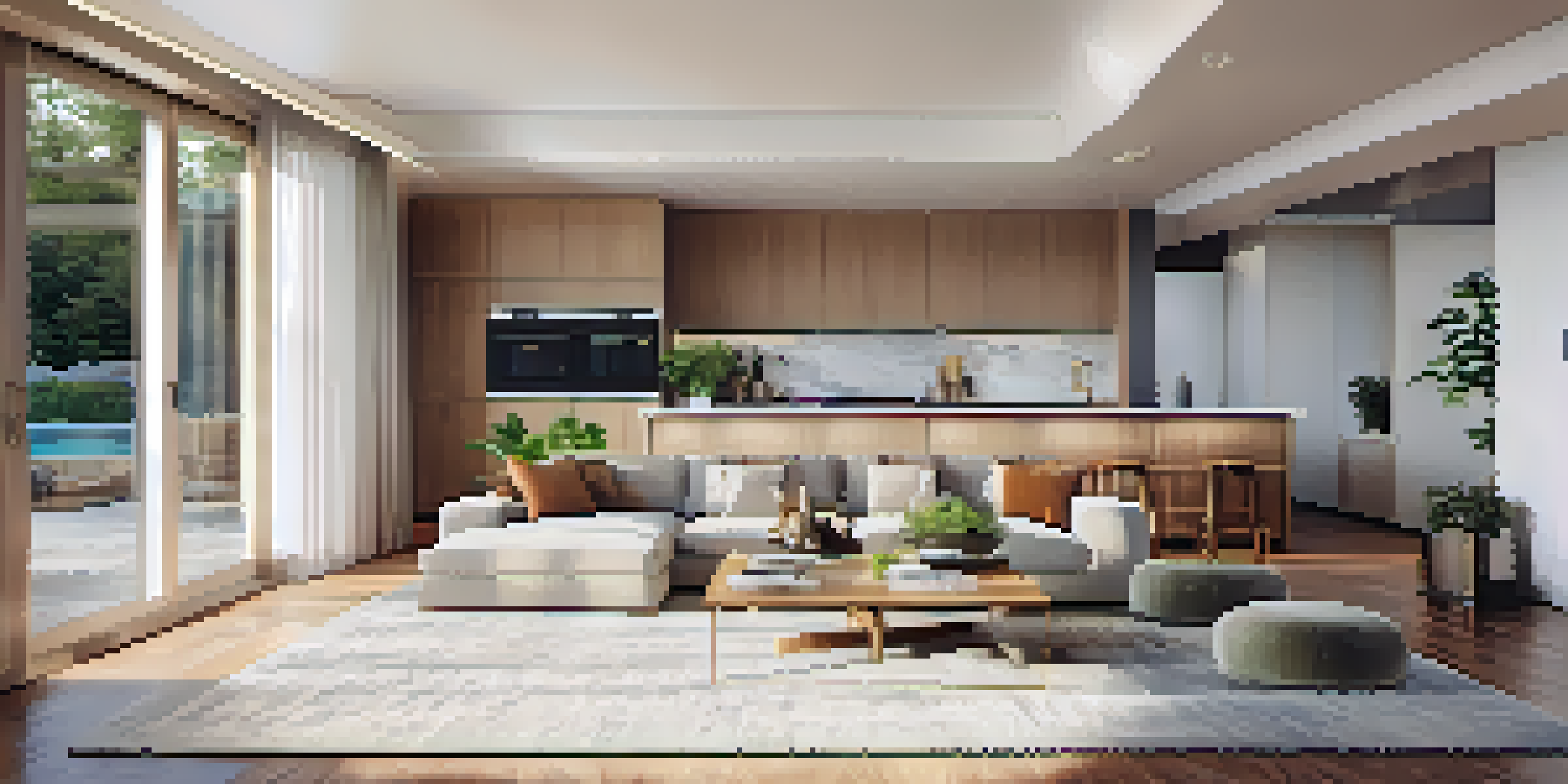 A bright open concept living area with a modern kitchen, dining space, and cozy living room, filled with natural light and warm colors.