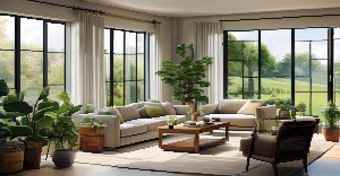 A warm and inviting living room with large energy-efficient windows and a view of a green garden.