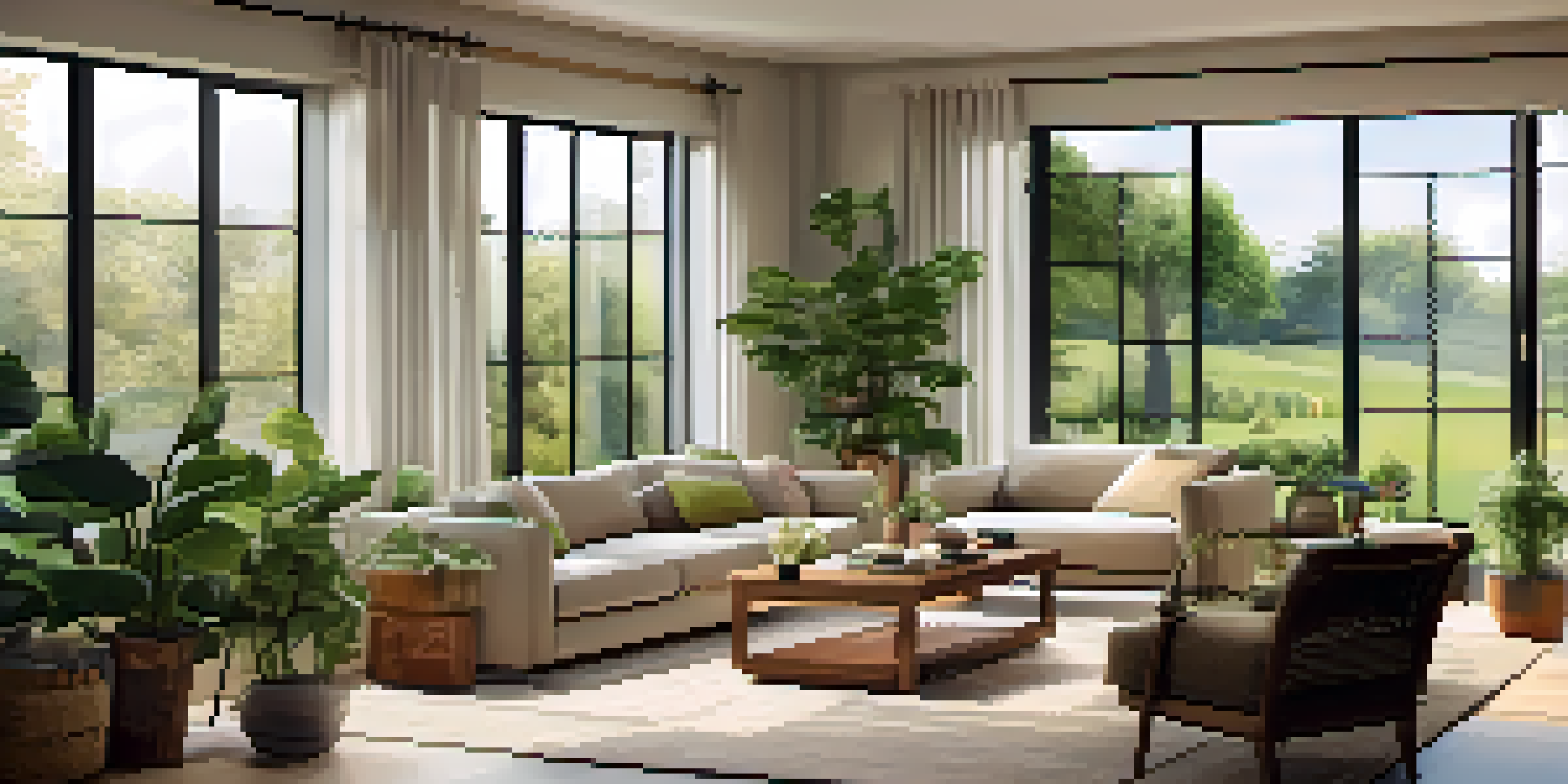 A warm and inviting living room with large energy-efficient windows and a view of a green garden.