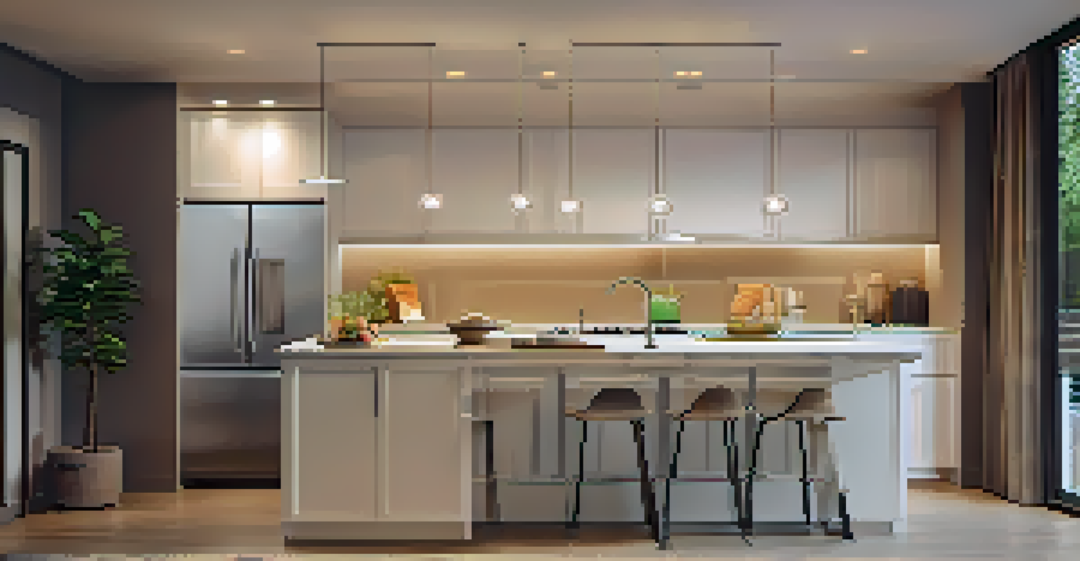 A modern kitchen workspace with energy-efficient LED lighting, sleek cabinetry, and pendant lights, creating a welcoming environment.