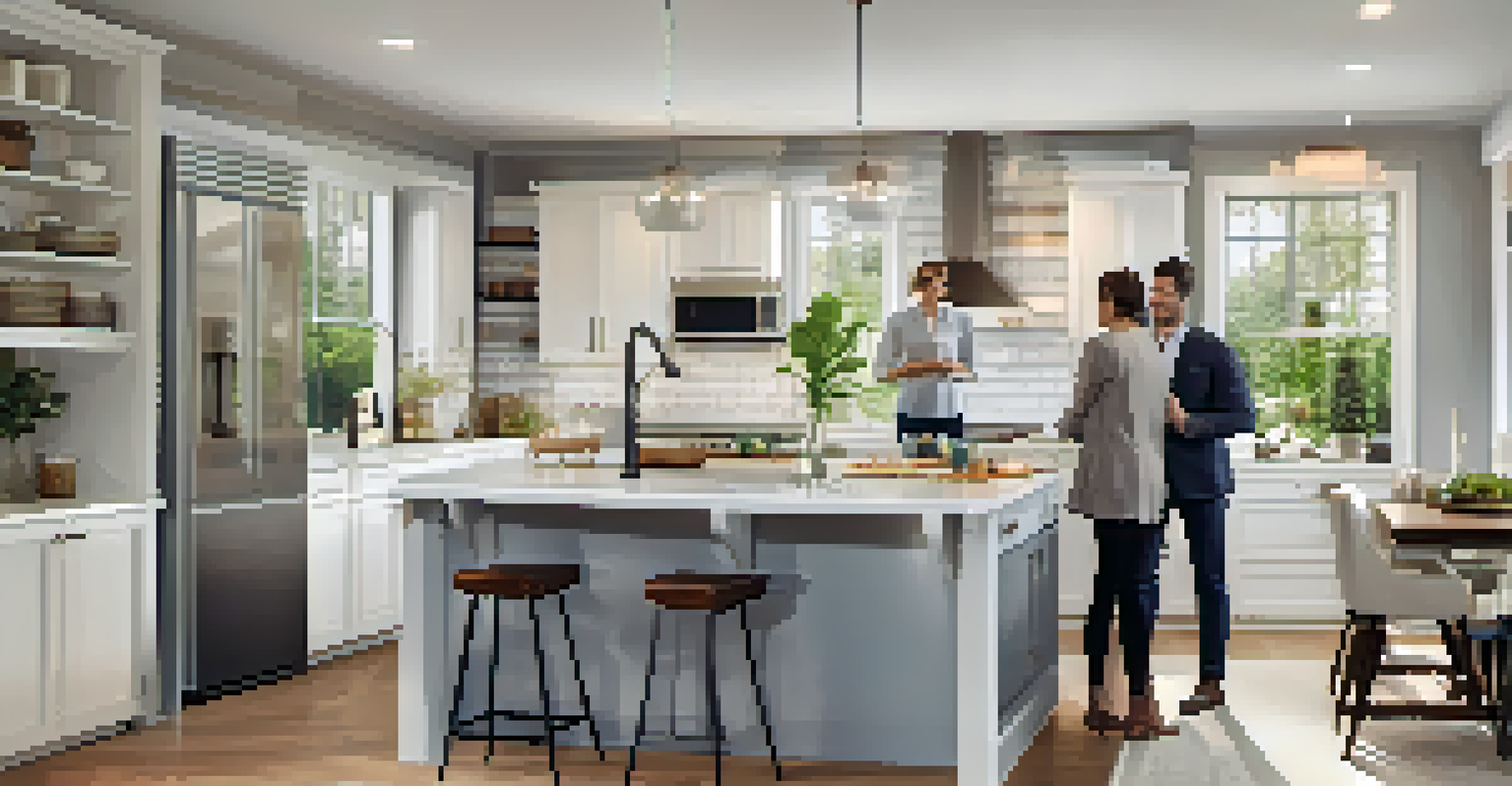 A real estate agent showing a virtual tour to a couple in a stylish kitchen with modern appliances and a large island.
