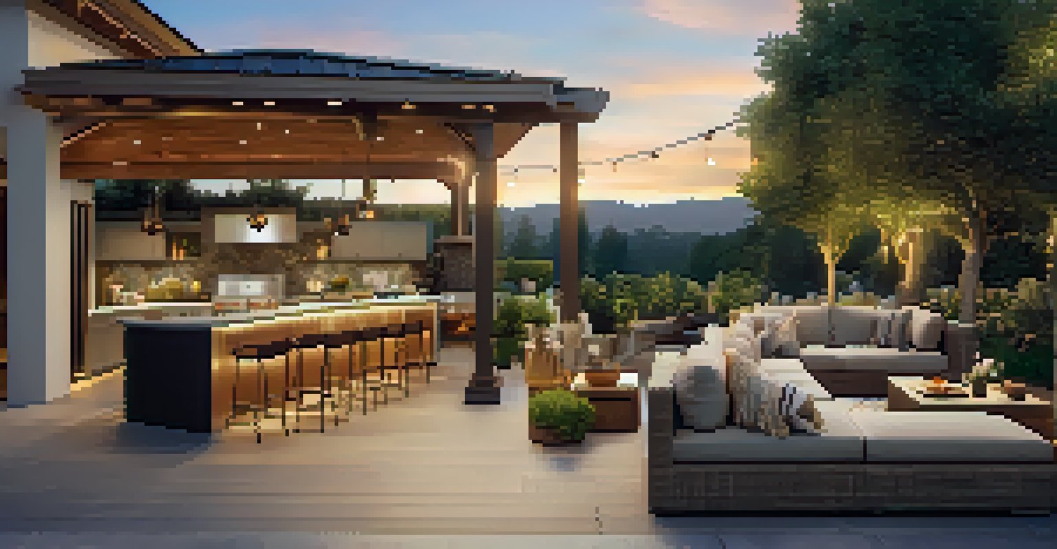 A charming outdoor patio with comfortable seating and an outdoor kitchen, bathed in sunset light.