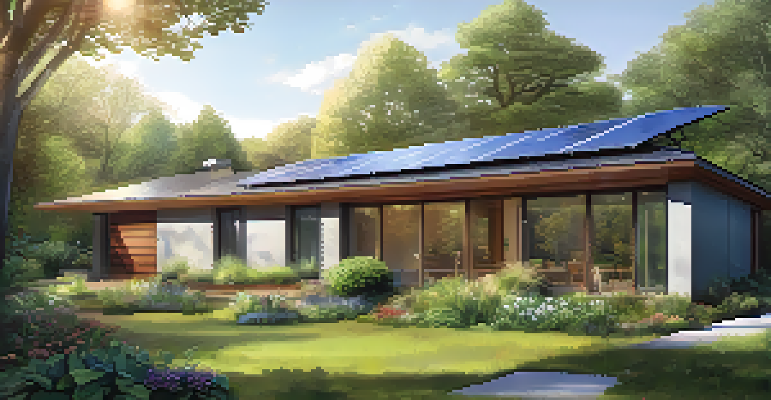 A modern home designed for energy efficiency, featuring large windows, solar panels, and a lush garden.