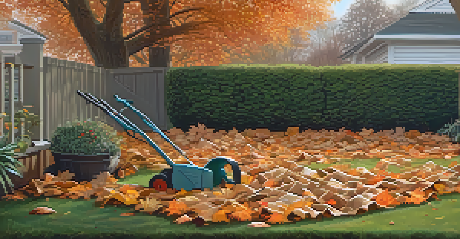 A vibrant garden in late autumn with raked leaves and a gardener preparing plants for winter.