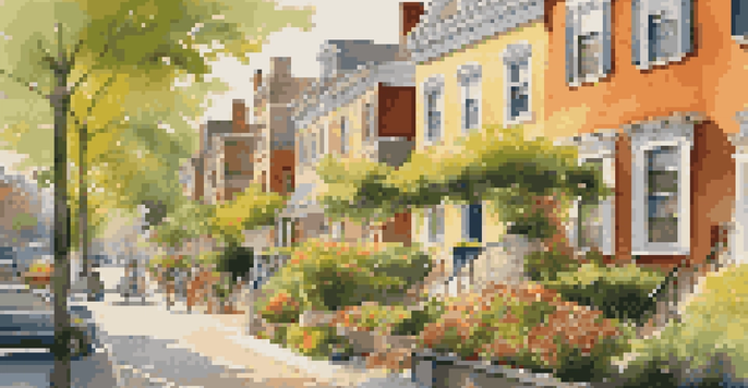 A vibrant urban neighborhood with colorful townhouses, flowers in window boxes, and a family walking a dog under golden sunlight.