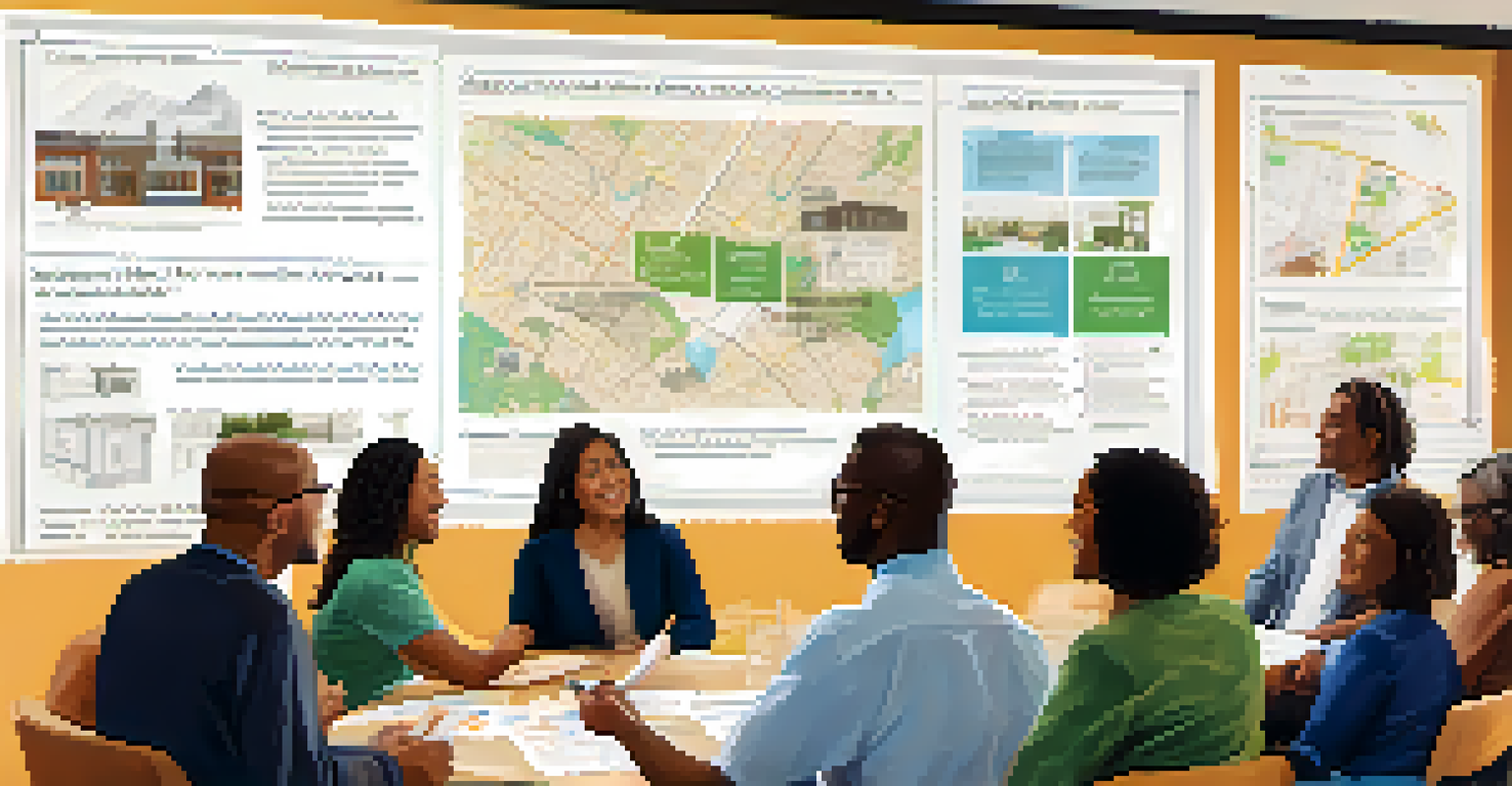 A group of diverse individuals participating in a community meeting about affordable housing, in a well-lit room with plans on the walls.