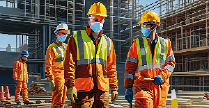 A busy construction site where workers are wearing colorful safety gear and following safety protocols, with clear signage and organized tools.