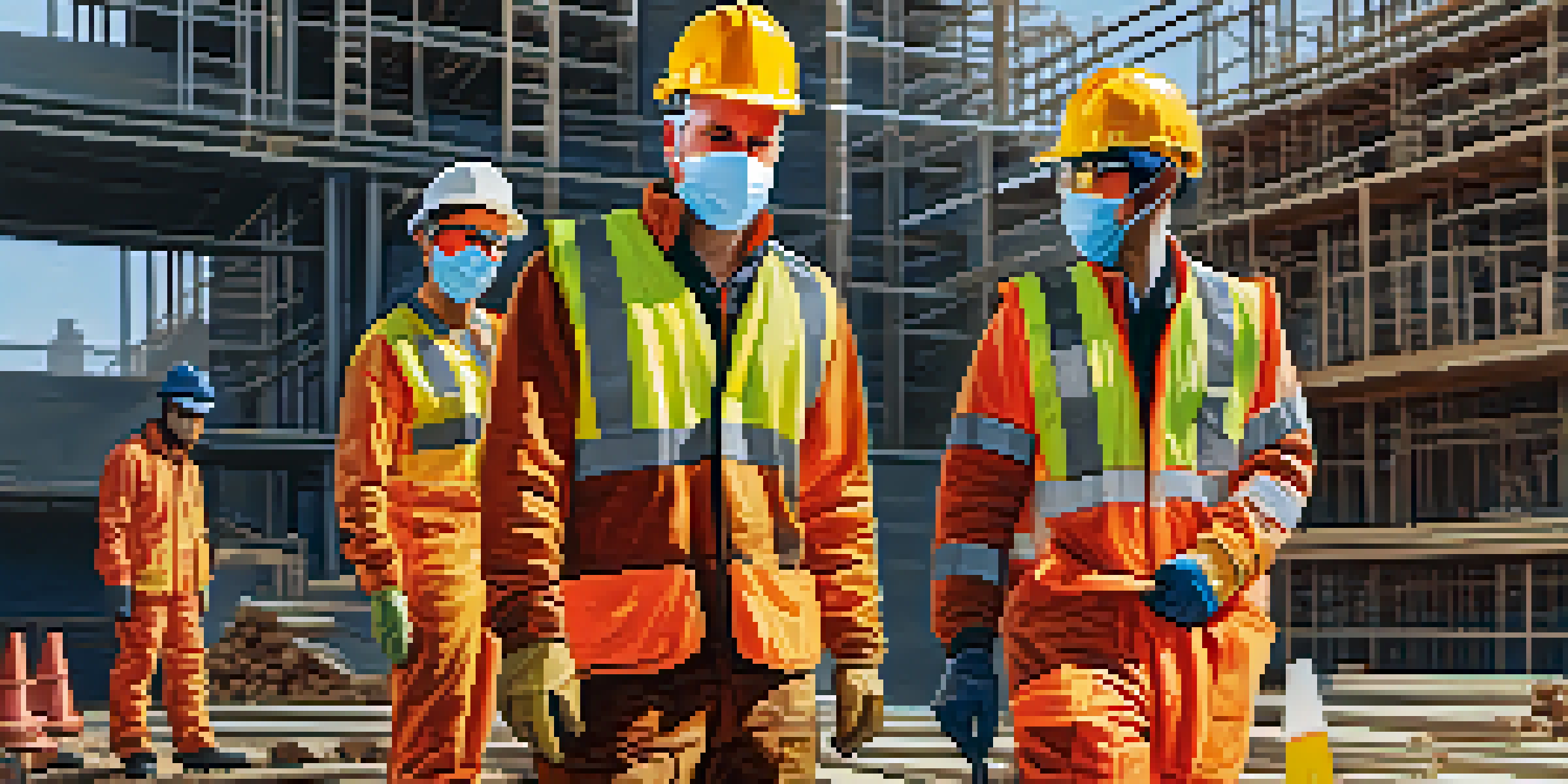 A busy construction site where workers are wearing colorful safety gear and following safety protocols, with clear signage and organized tools.