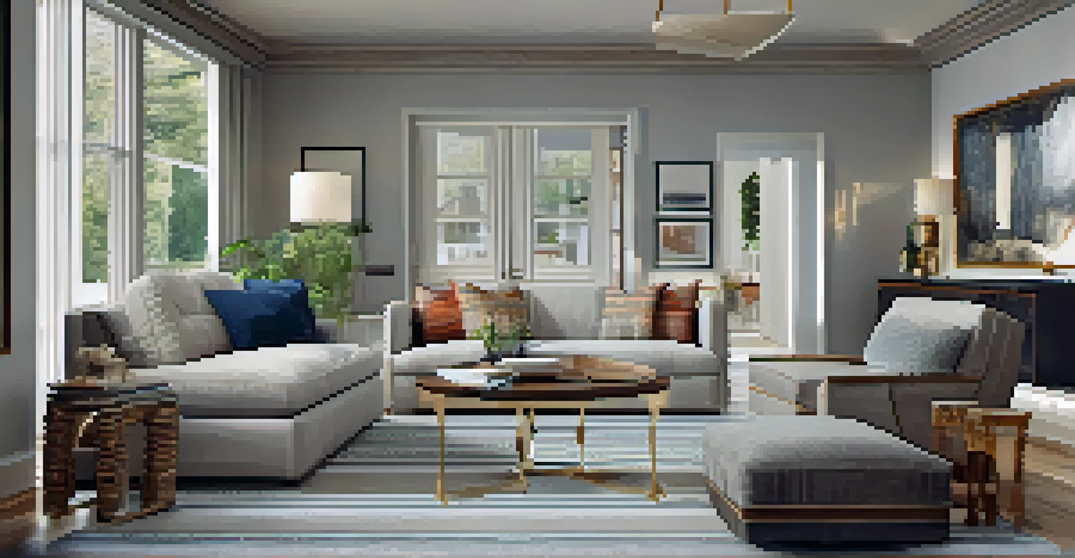 An open floor plan with modern furniture, a vintage mirror, and a handwoven rug creating a warm atmosphere.