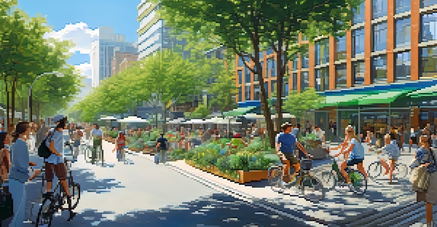 A lively urban street with pedestrians and cyclists, surrounded by green buildings with trees and outdoor cafes under a clear blue sky.