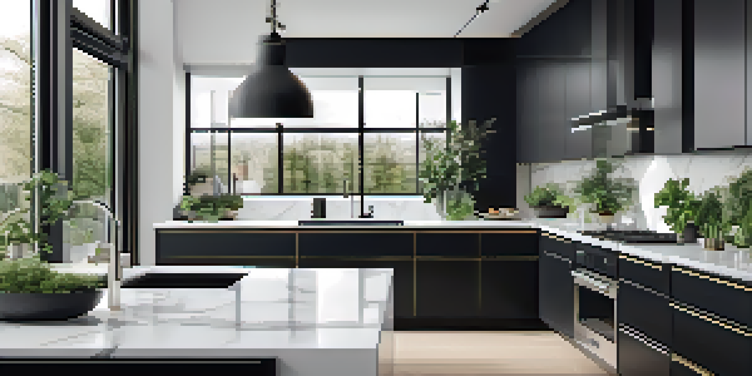 A modern black and white kitchen with marble countertops and large windows, showcasing a bright and inviting atmosphere.