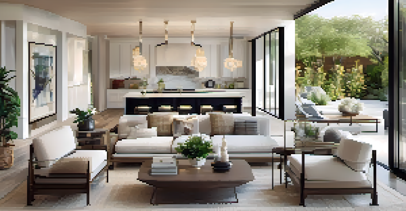 A stylish open floor plan with modern furniture and decor, featuring large glass doors leading to an outdoor space.