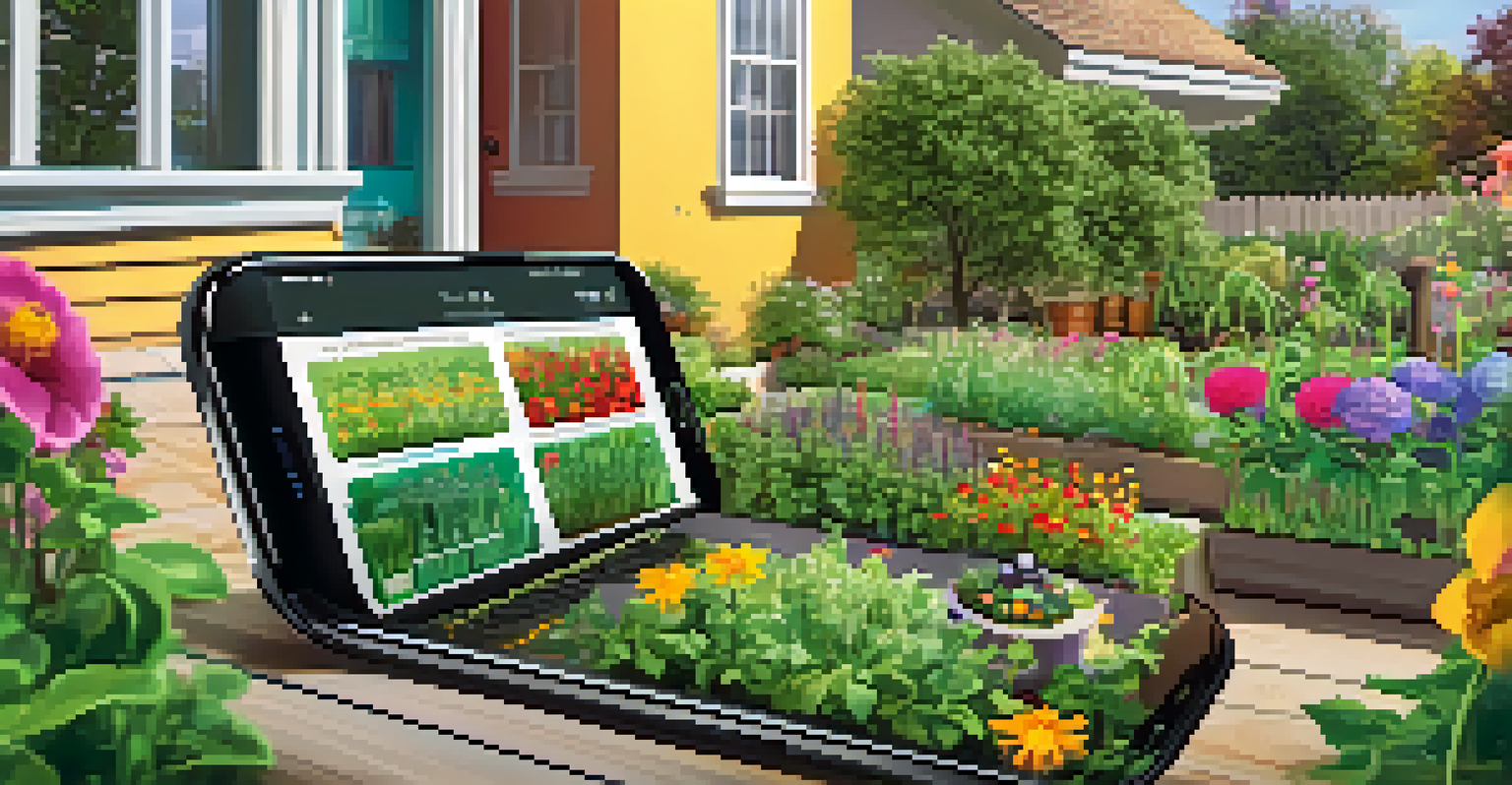 An urban garden with colorful flowers and vegetables, featuring smart gardening technology like a smartphone app showing moisture levels and automated watering systems.