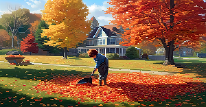 A person raking colorful autumn leaves in a well-kept yard with trees in vibrant fall colors.
