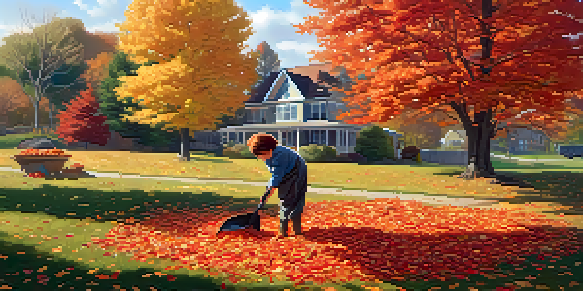 A person raking colorful autumn leaves in a well-kept yard with trees in vibrant fall colors.