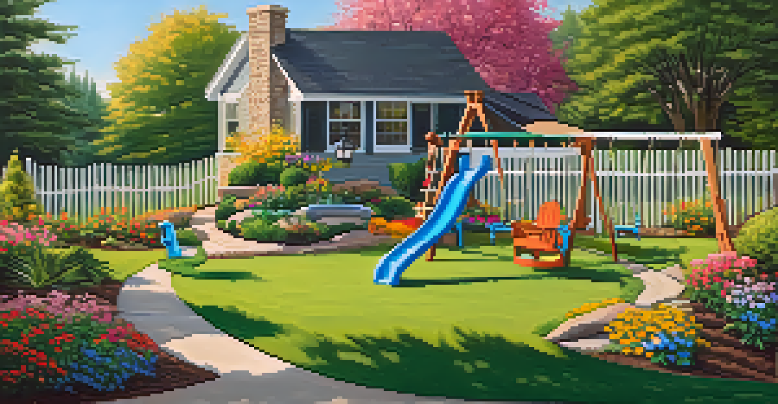 A bright and inviting backyard with a swing set and picnic table, surrounded by colorful flowers, perfect for family gatherings.