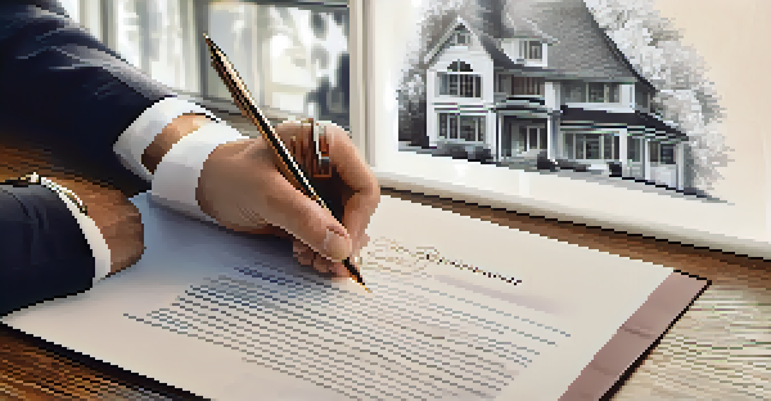 A close-up of a hand signing a real estate contract on a wooden table, with a modern home blurred in the background.