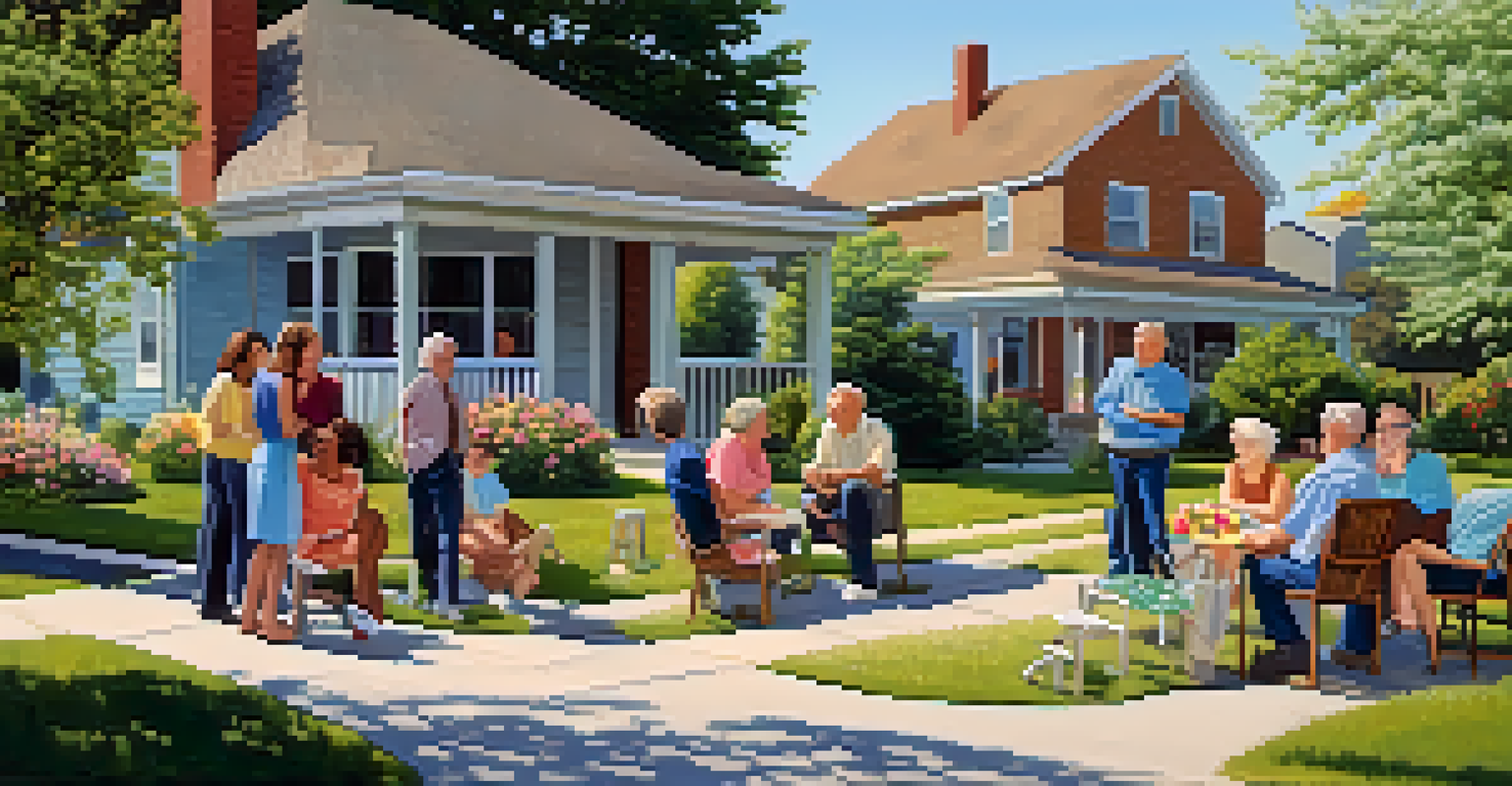 A group of neighbors meeting in a yard, discussing home security in a friendly setting.