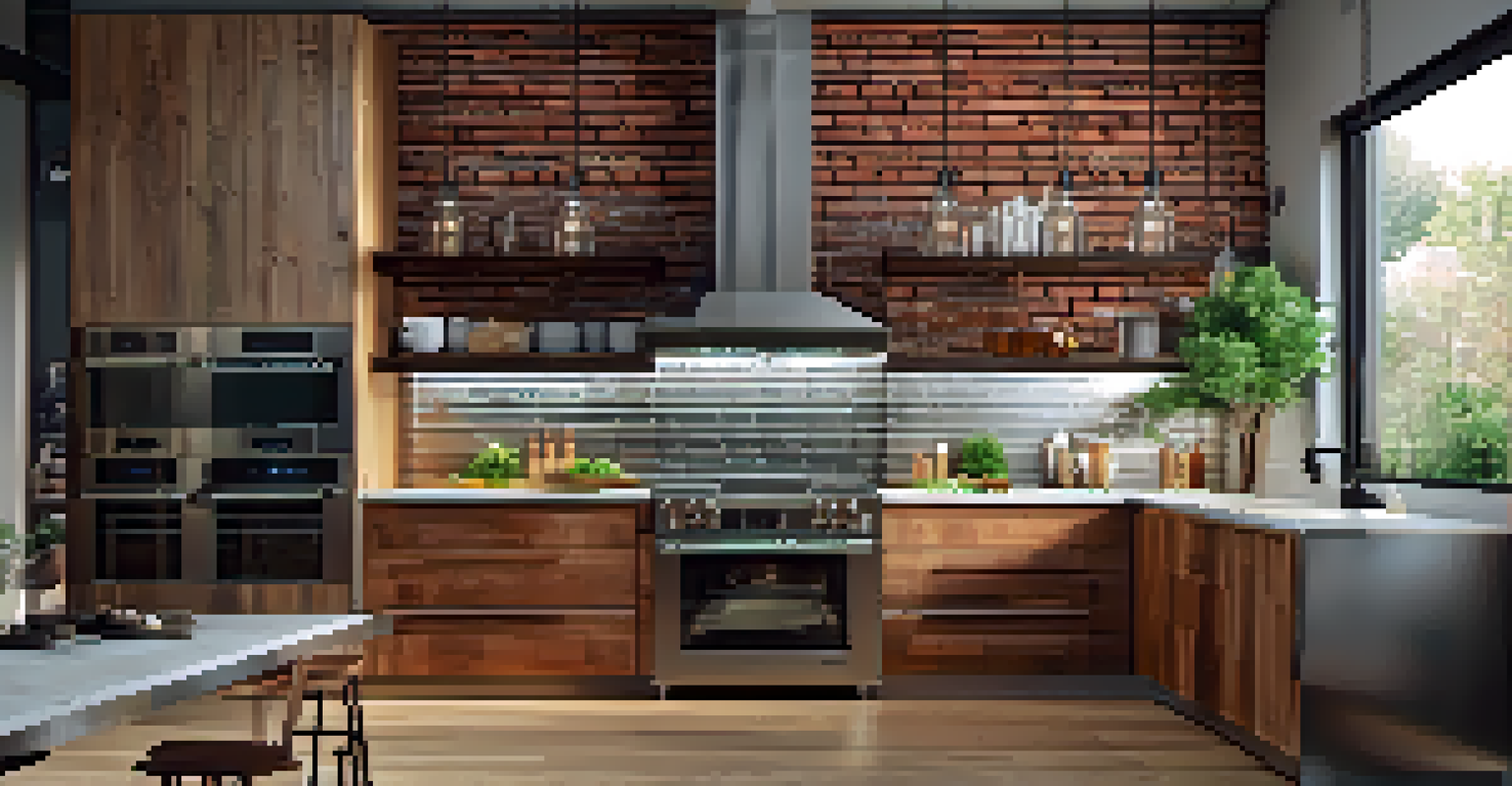 A modern kitchen with reclaimed brick backsplash, stainless steel appliances, and warm wood cabinets, highlighting unique textures.