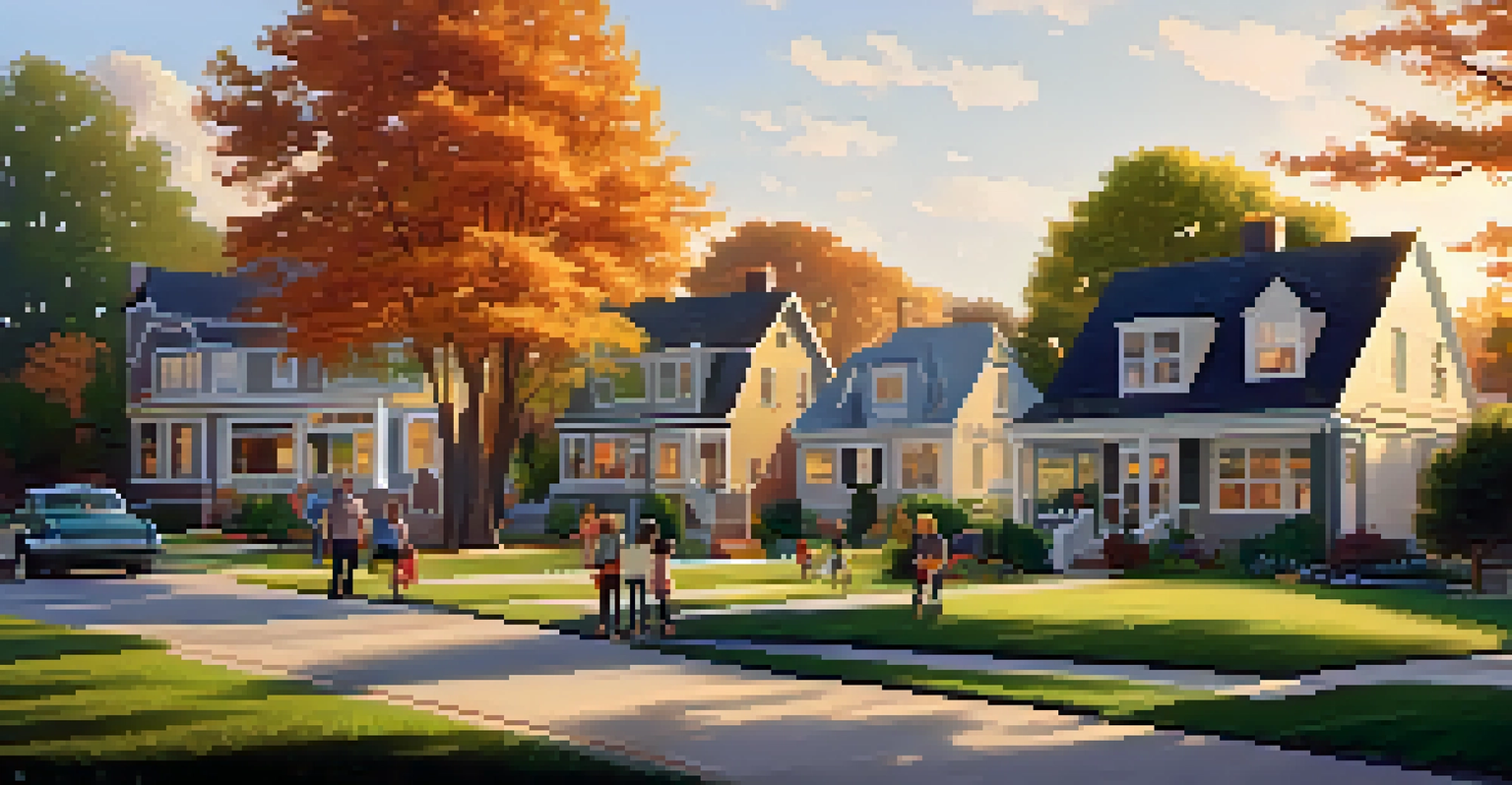 A peaceful suburban neighborhood at sunset, with charming houses, families enjoying their yards, and soft sunlight filtering through trees.